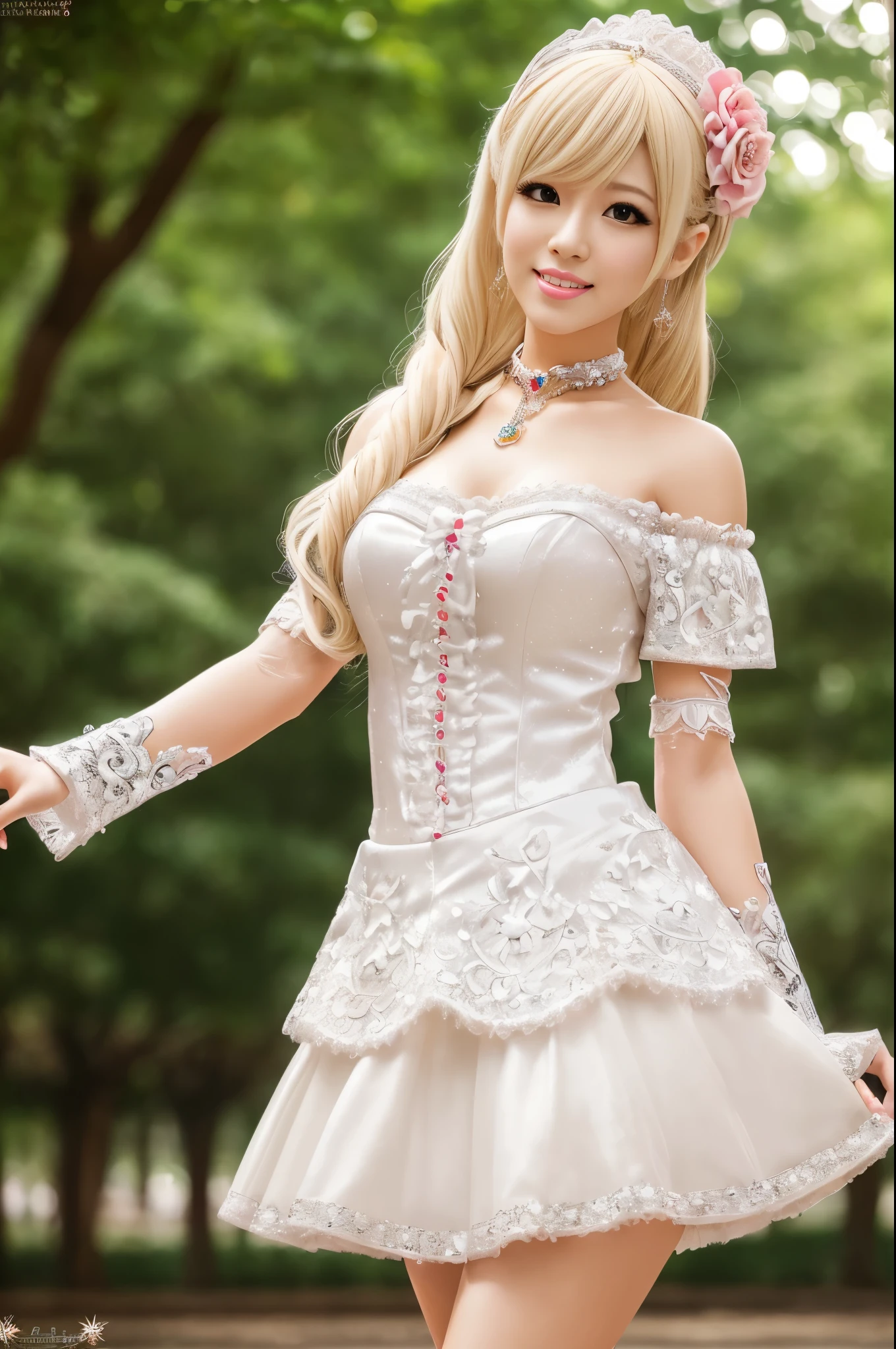 ((Best quality, 8k, Masterpiece, Sharp focus, 35mm lens, f/0.8, amazing beautiful perfect figure :1.4)), side lighting, sexy stylish Asian model, ((bright smile)), ((doll-like appearance)), ((beautiful detailed Victorian-Style boots)), Highly detailed face and skin texture:1.2, super detailed eyes:1.2, super detailed skin, shiny skin:1.2, Blushing ,long lashes:1.2, high-fidelity bangs, brilliant light blonde long random hairstyle, ((sexy Paradise Kiss cosplay)), bell-shaped skirt, petticoats, high neckline, puffed sleeves, (( ultra detailed lace)), ((ultra detailed embroidery)), intricate details, Paradise Kiss accessoires and matching headpiece, choker, ((large sparkling Paradise Kiss jewelry)), cinematic light, detailed large park background with trees
