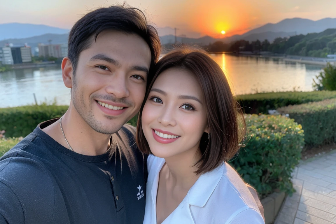 ((Highest quality、8k、masterpiece:1.3))、Izakaya、Japanese sake、Slim Couple、Model Couple、(Realistic, Intricate details:1.2), Japanese sake、One liter bottle、Japanese food、Buckwheat、Japanese sake、Shochu 、Amazing view of the sunset sky and clouds、A bright smile、The wonderfulness of smiles、Bright image、Beautiful Face, blue eyes, The light shines on your face, blush, short hair,Bright Face、 (Age 37), 39 years old, Brown Hair、Shortcuts、Long sleeve shirt、dress、Beautiful woman