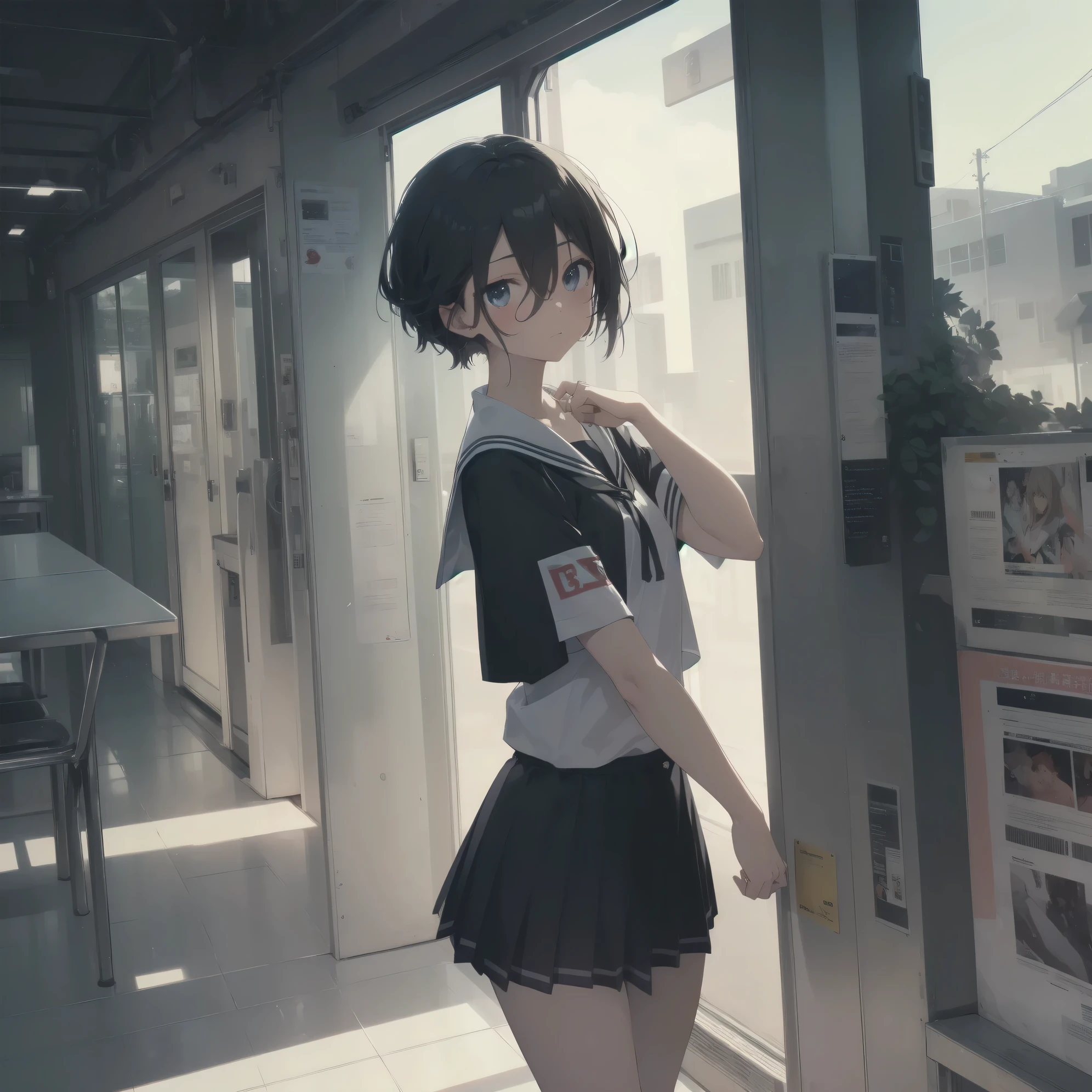 ultra-absurdres-Top quality by artist God, ultra-detailed, high resolution, anime moe artstyle, best anime 8k konachan wallpaper, pixiv contest winner, pool:2810, perfect anatomy,break, 1girl, (Please draw a girl walking sleepily to school alone. )break,(Solo,little female, 13-year-old:1.3),Full limbs, complete fingers,a junior high school student, (very short hair), short cut, flat chest, , small butt, small black eyes, beautiful detailed eyes, well-proportioned iris and pupils, expressive eyes, highres detailed hair, soft expression, salor school_uniform, sailor collar, serahuku, bow, pleated skirt,(Detailed Lighting), (Detailed background), in the School commute route. break,super detailed skin, Best cinematic lighting powered by famous artist, 8k,beauty illustration,photoshop_(medium),very aesthetic,break,((artist:izumi_tsubasu )), artist:clamp ,artist:carnelian ,artist:kantoku ,
