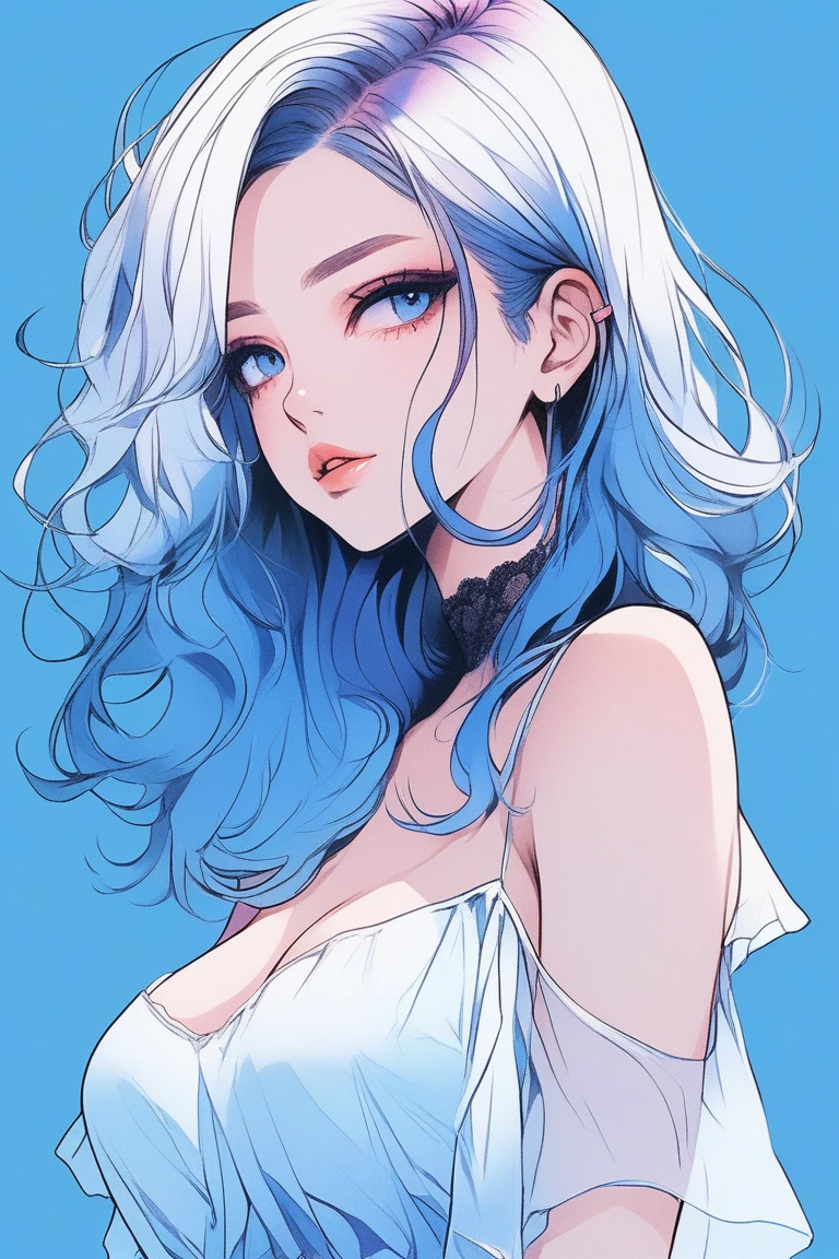Illustrator, anime , Realistic ,sketch , 1 person, model, Age 25, lip, Sheer chiffon mini dress, order, Blue gradient background, Neon Hair, Big Breasts, look back, Sexy look, Texture Trim, Canadian, (masterpiece,Highest quality)
