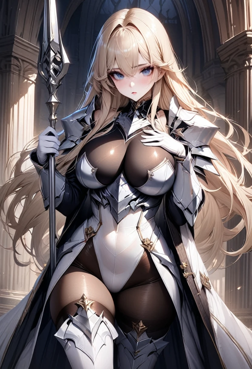 ((highest quality)), ((masterpiece)), ((hyperrealistic)), (solo), 1girl, ((curvy)), ((Tight and digging into the skin: 1.2)), perfect face, ((Azur Lane)), ((armored dress)), ((white paladin armor)), ((skin-tight pantyhose leotard: 1.4)), ((white knight armor breastplate)), ((skin-tight black Investigator Bodystocking)), ((large pauldron)), (white long gauntlet gloves), ((light blonde hair straight long hair)), ((Big chest that looks like it's going to burst under pressure)), (pantyhose thighs), ((Knee-high boots on the white tight skin that digs into it)), (high heel boots), ((see through cleavage cutout)), Coat of arms leotard, zettai ryouiki, Perfect and beautiful dark blue eyes, Perfect hands, perfect fingers, luxurious goldsmith one hand spear, holding a spear, prepare a spear, makeup, cowboy shot, spear stuck in the ground