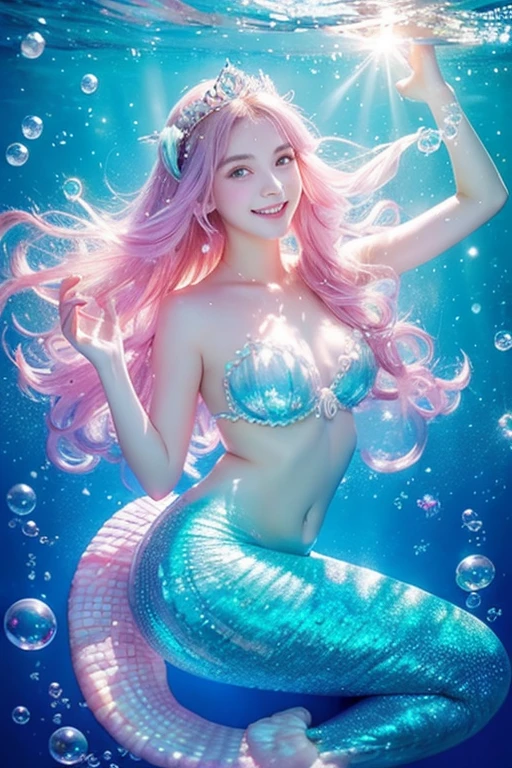 In the beautiful blue sea　A mermaid princess with a beautiful white skin and a smile　whole body　Multiple Exposure　Diamond particles　High Contrast　Photon Mapping　cute　Gorgeous　Beautiful　Uplifting　Bubble　Soap bubble　Glitter　Art Nouveau　pastel colour　Pearl　Delicate Light　pink　happiness　hologram　Rose　Like popping out　Three-dimensional　The light shines through　gem
