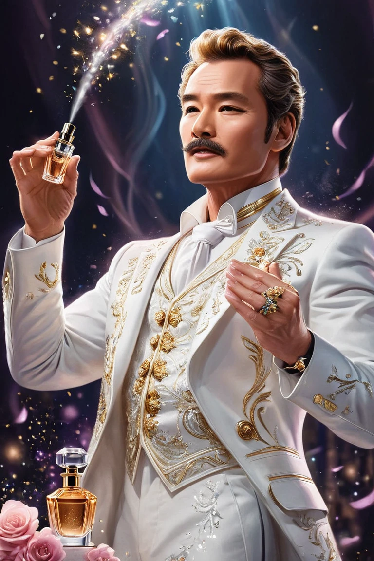 "An over-the-top depiction of the leader applying perfume from a gigantic, glittering bottle with a dramatic flair. The scene is filled with animated sparkles and swirling fragrance trails, while the leader is striking a flamboyant pose, as if he’s on a grand stage of a perfume commercial."