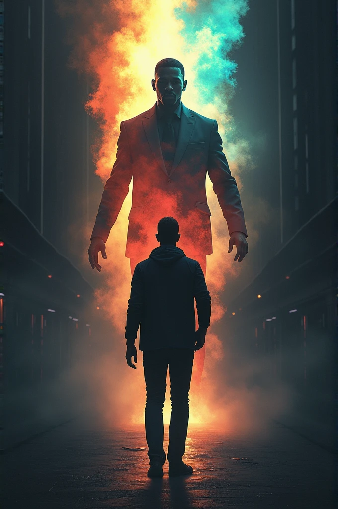 Draw a man walking from darkness towards a big silhouette of Michael B Jordan full of colors indicating prosperity