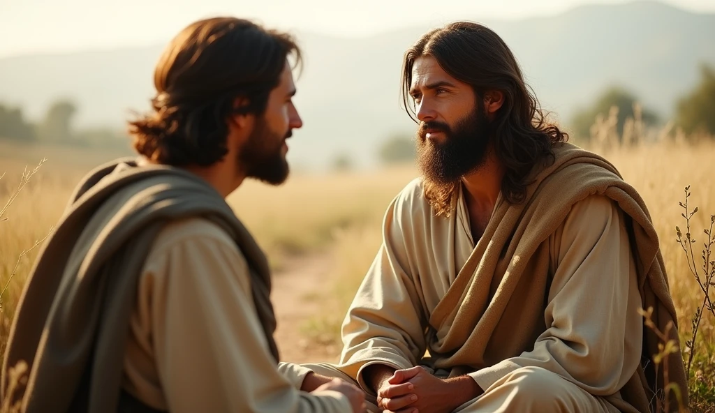 Portray the Lord Jesus as a man of Jewish appearance, with a serene and welcoming countenance, dressed in simple, modest tunics typical of the time. He should be in an intimate conversation with another person, who may be dressed similarly, in an outdoor setting with natural elements, like a field or a road. Jesus' expression should reflect empathy and wisdom, while the conversation is expressed through engaging gestures and postures. The light should be soft and natural, emphasizing the connection between the two figures."