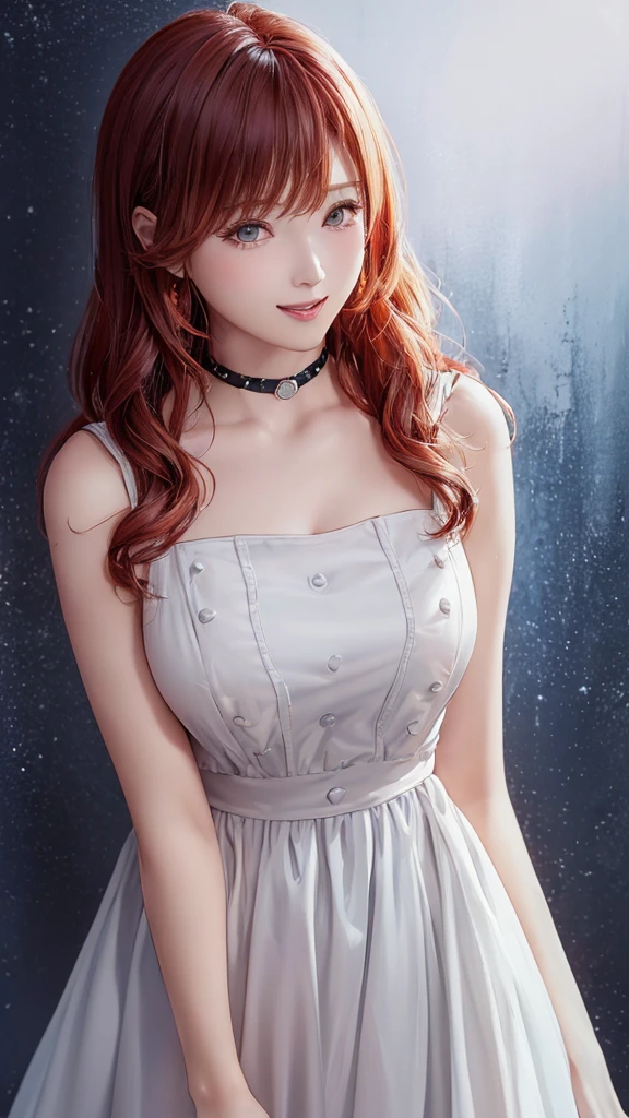 (((Cowboy Shot、oil、Background is white、masterpiece、Highest quality、High resolution)))、Redhead、Bright woman、Laughter、Medium Hair、She is wearing a black and pink dress.、Fashionable hairstyles、Loose and fluffy perm、Red cheeks、Cute Face、