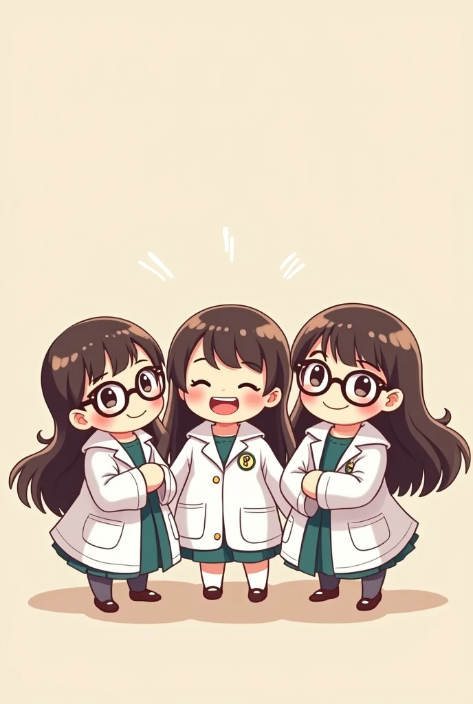 Smiling chubby girls with bangs  long-haired and eye glasses, wearing a white coat. 
