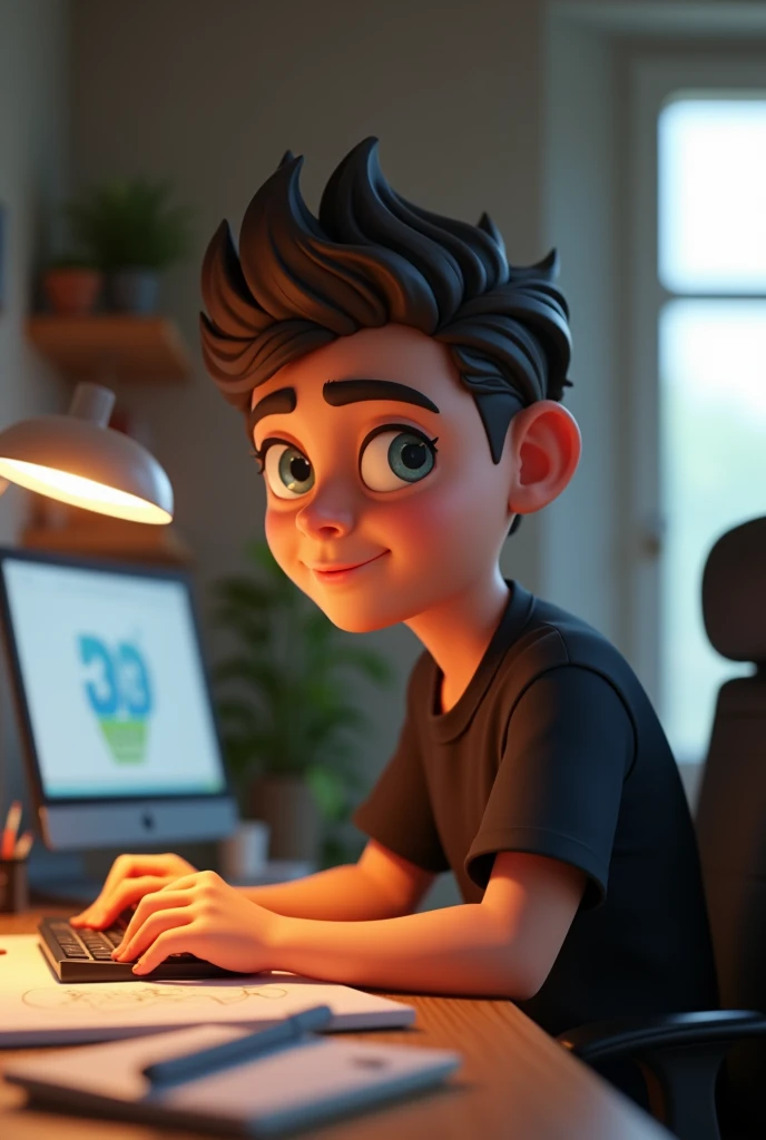 Cartoon character of a young man working in home office as a graphic designer wearing a black shirt, in his set up animation style rendering, 3D stylized, Arnold Maya render, 3d stylized render, toon render keyshot, 3D Character, 3D Character, 3d rendering stylized, 3 d character render, cartoon character, Character close up, Character pose, (Pixar Style) (master part:1.2) (Bokeh) (best quality) (detailed skin) (detailed texture) (8k) ( clay) (Cinematic lighting) (sharp focus)
