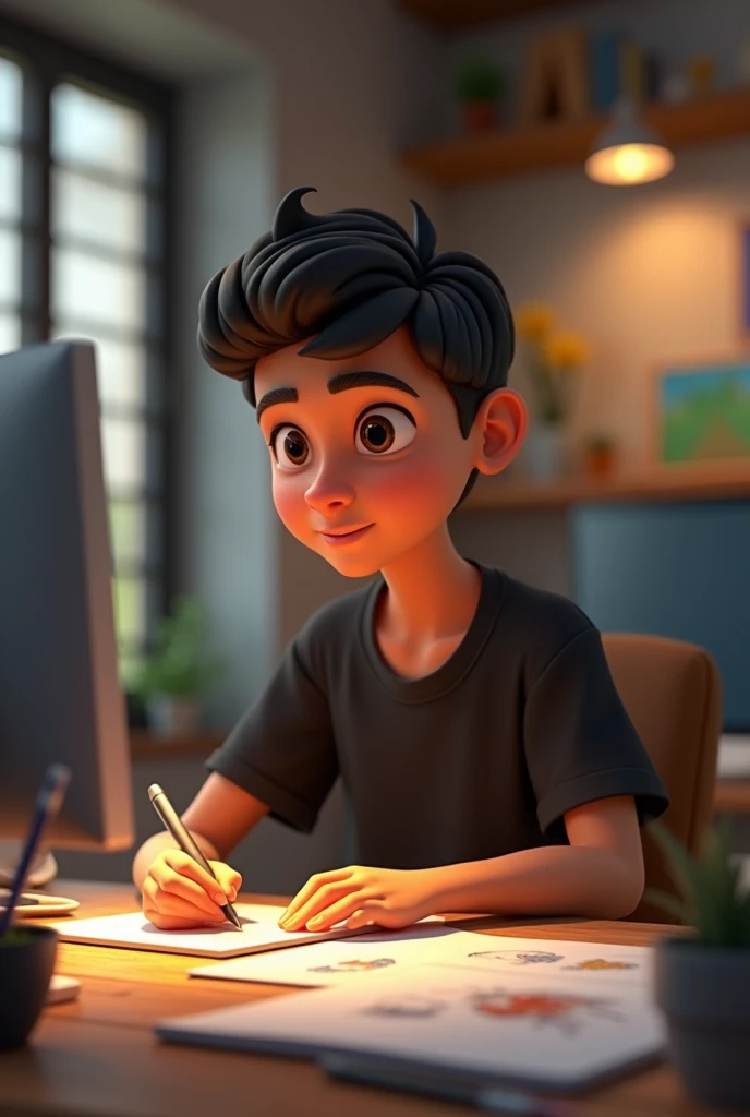 Cartoon character of a young man working in home office as a graphic designer wearing a black shirt, in his set up animation style rendering, 3D stylized, Arnold Maya render, 3d stylized render, toon render keyshot, 3D Character, 3D Character, 3d rendering stylized, 3 d character render, cartoon character, Character close up, Character pose, (Pixar Style) (master part:1.2) (Bokeh) (best quality) (detailed skin) (detailed texture) (8k) ( clay) (Cinematic lighting) (sharp focus)