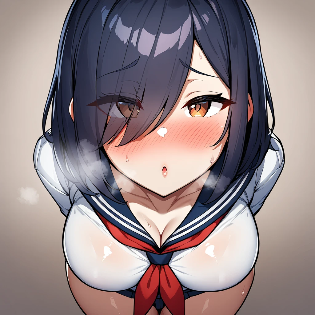 nsfw,1girl,Solofocus,(Erotic),pov,Closed mouth,serafuku),red neckerchief,white blouse,pleated skirt,dark blue blouse,sexually suggestive,(Cleavage:1), Leaning forward(cowboyshot:1.5),(in heat:1.5),(Breasts),(heavy breathing:1.5),arms behind back,(Legs_apart),(shiny_skin),(eyes visible through hair:1.5),very sweaty,dark blue hair,(brown eyes),hair over eye,blush,(Heavy Breathing:1.3),(Steaming body:1),(straight-on),(light skin:1.5),masterpiece,best quality,very aesthetic,absurdres,medium hair,straight hair,(female:1),(curvy:1),(incoming kiss), facing_viewer