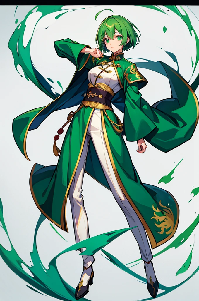 One person、Green Hair、Her hair is short、small breast、upright stance、full body、Fighter、Young man、Uniform、Chinese Knight、Chinese style、White background、No exposure、China dress、pants、band、front、White clothes、Kung Fu、Uniform、Dragon Embroidery