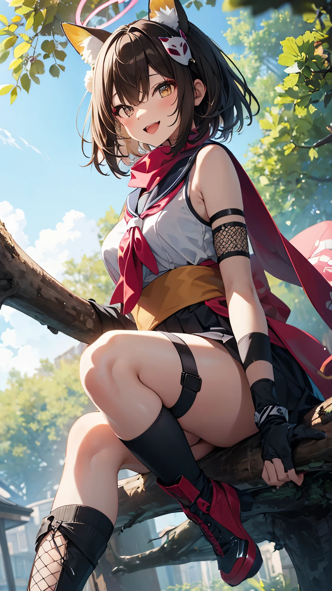 (Sitting on a tree branch),(from below:1.2),1girl,solo,izuna_bluearchive, halo, fox ears, fox tail, japanese clothes, floral print, sailor collar,black skirt, scarf, partially fingerless gloves, black gloves, thigh strap, fishnets, single thighhigh,dark brown hair,short hair,smile,open mouth,white panty,masterpiece,Noise Reduction,perfect anatomy,high resolution, ultra-detailed, ultra-detailed face,game cg,dutch angle ,beautiful detailed eyes,visualart,five fingers, perfect hands, perfect lighting, sparkling pupils,