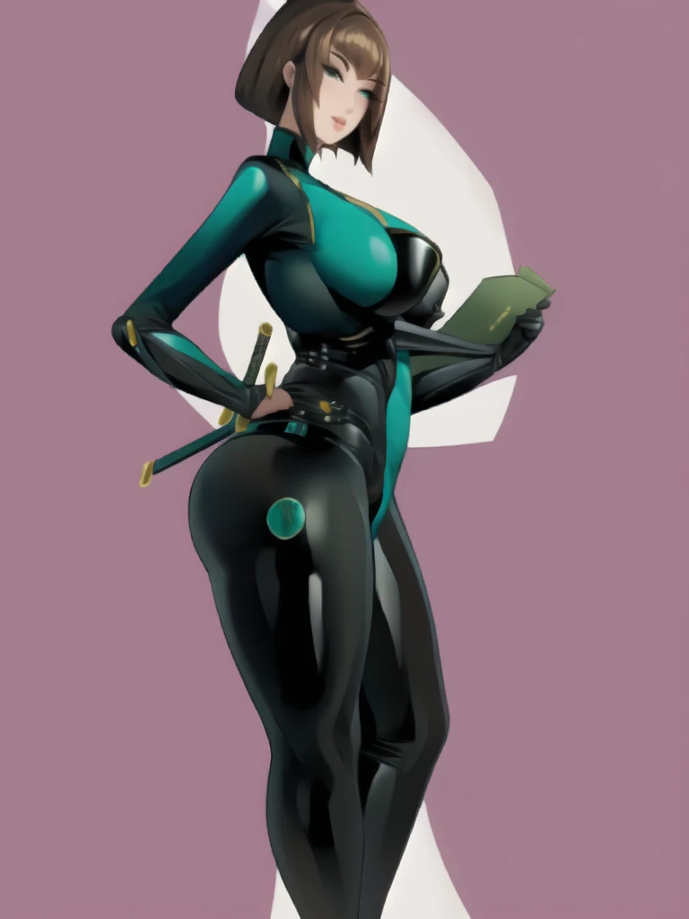 Bowei, LadyB, 1girl, full body, slim body, slim thighs, bodysuit, detail eyes,  solo, looking at viewer, ninja mask, large breasts, simple background, brown hair, green eyes, weapon, ass, bodysuit, put two hand on the head, katana, ninja background, sheath, skin tight, LadyB bodysuit, ladybninja close-up, 8k detailed,