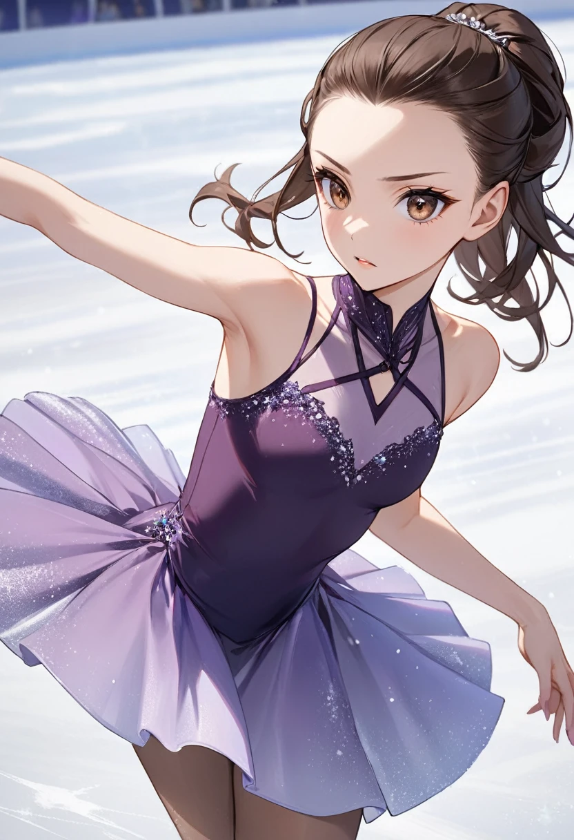 a 20 year old girl with dark brown hair and brown eyes, Beautiful and attractive, hair pulled back with strands and wearing a purple figure skater mini dress and her evil look, Skating on the ice, that is performing pirouettes