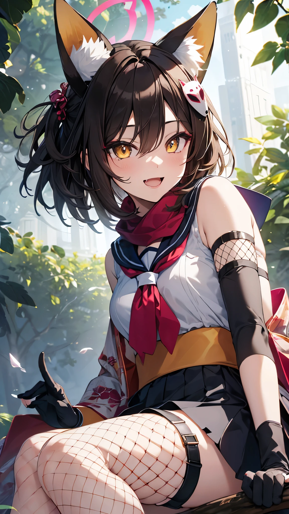 (Sitting on a tree branch),(from below:1.2),1girl,solo,izuna_bluearchive, halo, fox ears, fox tail, japanese clothes, floral print, sailor collar,black skirt, scarf, partially fingerless gloves, black gloves, thigh strap, fishnets, single thighhigh,dark brown hair,short hair,smile,open mouth,white panty,masterpiece,Noise Reduction,perfect anatomy,high resolution, ultra-detailed, ultra-detailed face,game cg,dutch angle ,beautiful detailed eyes,visualart,five fingers, perfect hands, perfect lighting, sparkling pupils,