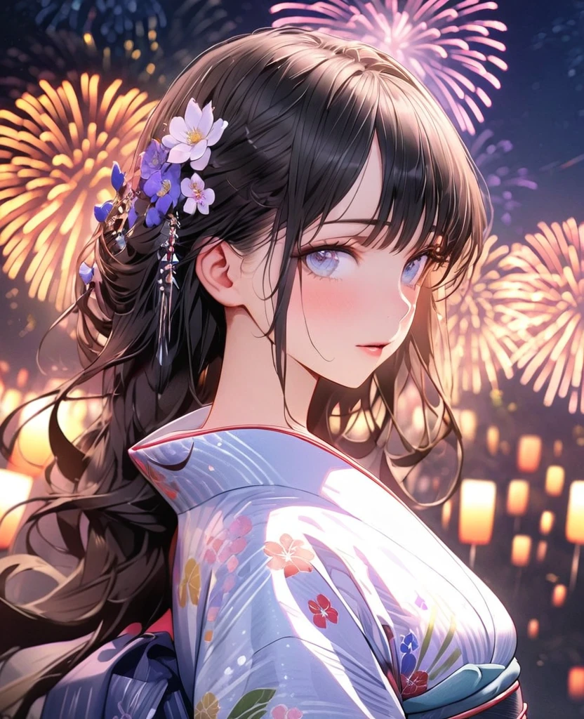 8k,Ephemeral beauty，Very delicate and beautiful,Beautiful and realistic skin,,Black Hair、Long and colorful hair,Beautiful Eyes,good,Beautiful night sky、firework、yukata、

