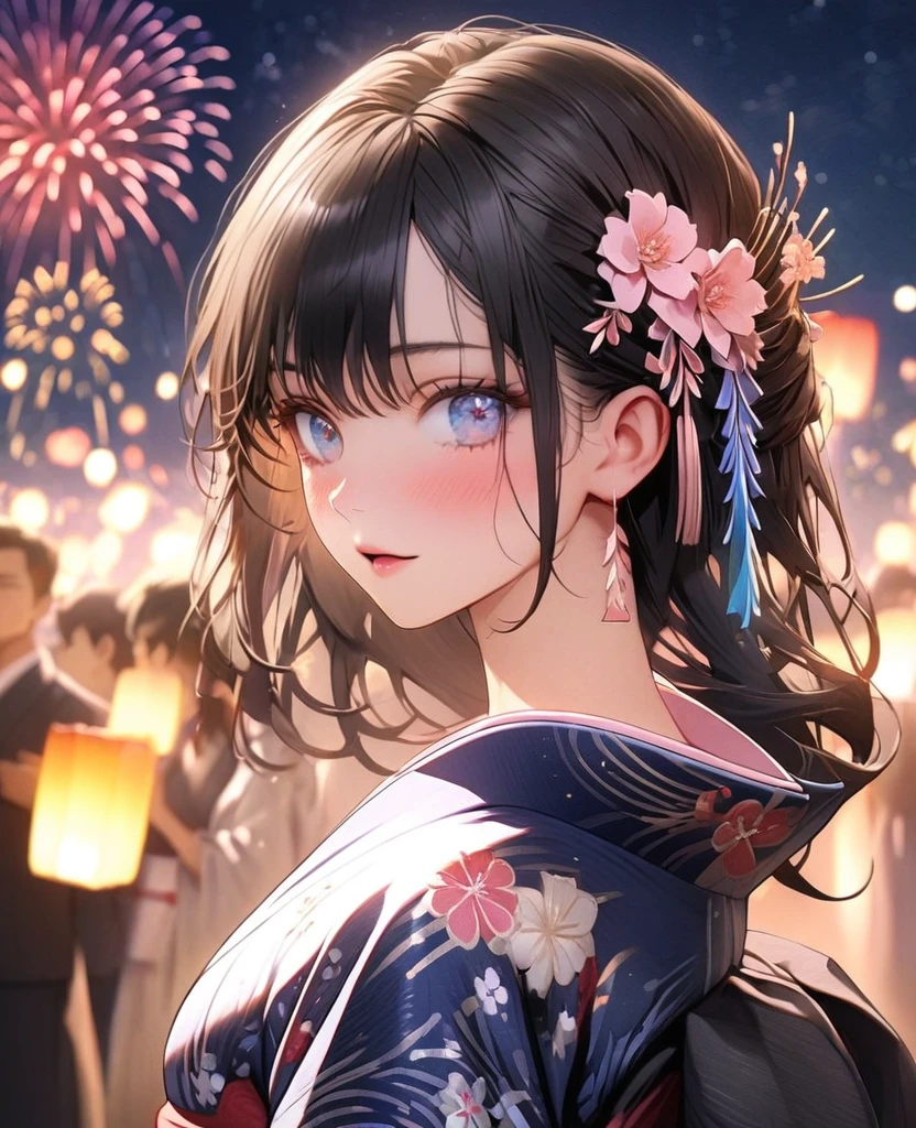 8k,Ephemeral beauty,Very delicate and beautiful,Beautiful and realistic skin,,Black Hair、Long and colorful hair,Beautiful Eyes,good,Beautiful night sky、firework、yukata、