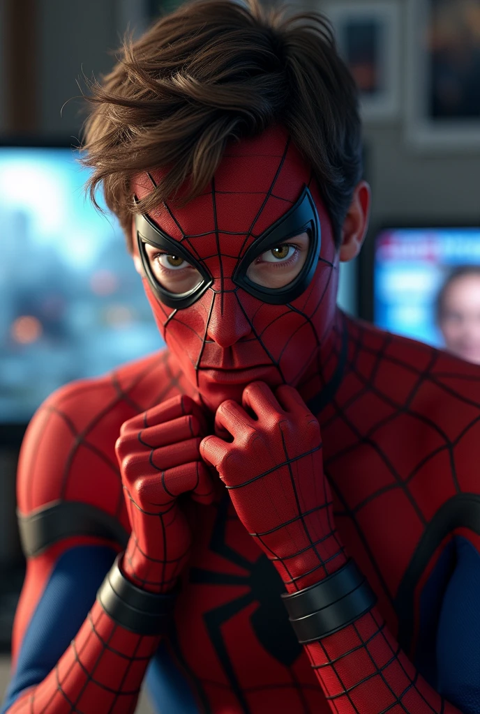 A shot of Peter Parker in his room, quickly putting on his Spider-Man suit. The background shows news reports of the destruction in New York, with urgency in Peter’s expression. His mask is halfway on, revealing the determination in his eyes.