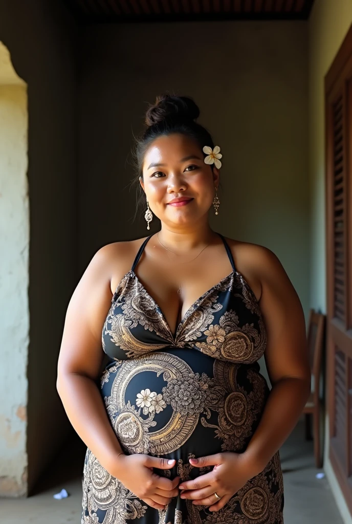 (hyperrealistic photo), exotic indonesian woman, plump, natural big breasts, a jasmine flower on her ear, tied bun hair, knee-lenght batik houseress with intricate javanese details, looking at the viewer, natural light, wide angle full-body shot, indonesian village house in the background,