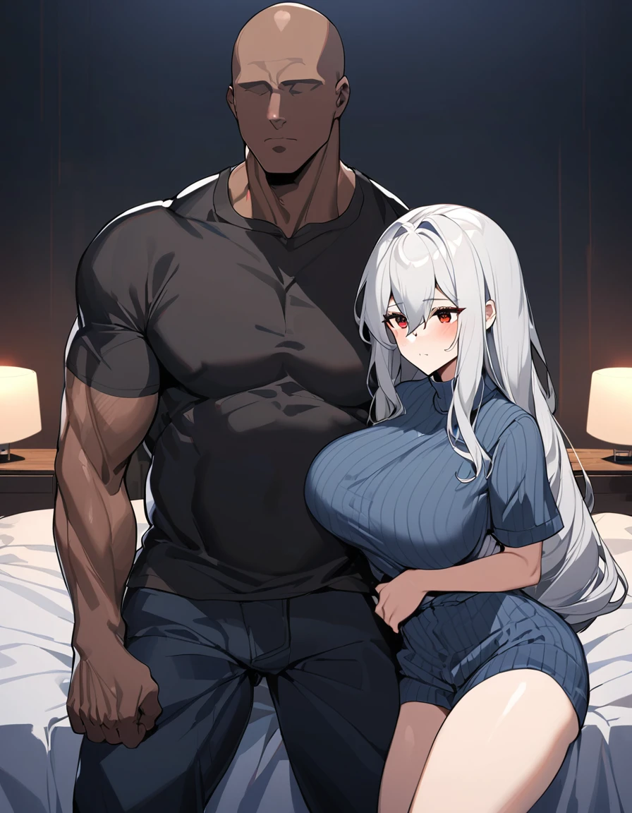 Kaltsit(Arknights),grey hair,animal ears,curvy body,big breast,big hips,fully naked very wet body,nsfw,her hair was pulled by the man,bred by a black man(faceless,bald,black skin, slightly fat),has a black cock,fully naked mating on bed,kissing,sex scene, midnight setting, bedroom,((Kamasutra art style)), cheating, cheating wife,ntr, cuckolding her white husband(who watching through the window).