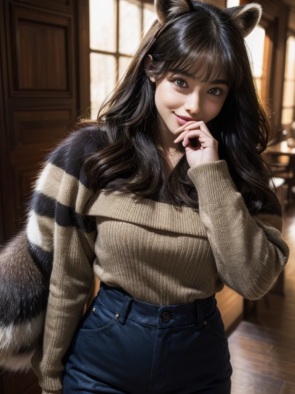 ((Highest quality, 8k)), ((masterpiece)), (Highest Resolution), Perfect Face, Raccoon-eared woman, Female college student, Beautiful woman, public, One tail, she has thick thighs, Big raccoon tail, She has a brown raccoon tail, She wags her tail, Laugh with your teeth showing, Fur collar, She is wearing business pants, Beautiful Hips , The raccoon tail sticks out of her panty