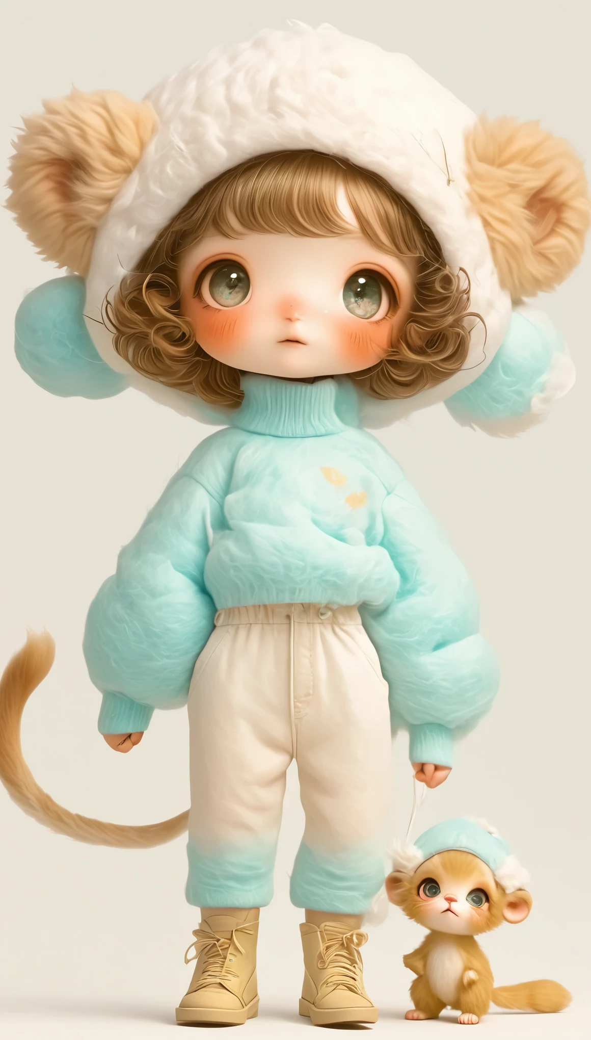 1 boy, with gold monkey hat, Solitary, shot hairy，Wool Curls，full body, with Overall, Glod Theme, longeyelashes, solid circle eyes, light smile, ccurate, brown hair, eye reflection, aqua eyes, cat ears, blush, laughing, Surrealism, drop shadow, stereogram, tachi-e, pov, blind box toy style, 8k, super detail, best quality