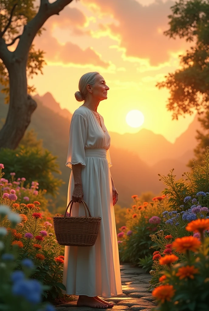 An elderly woman in a white dress carrying a , A background of a garden with a sunset sky, wide side, full body, realistic, 4k