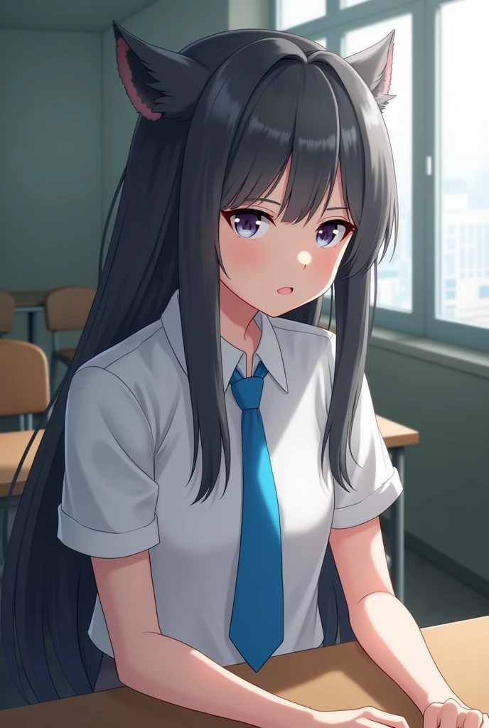 girl with long dark gray wolfcut hair wearing white clothes,short sleeve, wearing a blue tie sitting at school