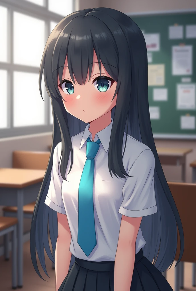 girl with long dark gray wolfcut hair wearing white clothes,short sleeve, wearing a blue tie sitting at school 