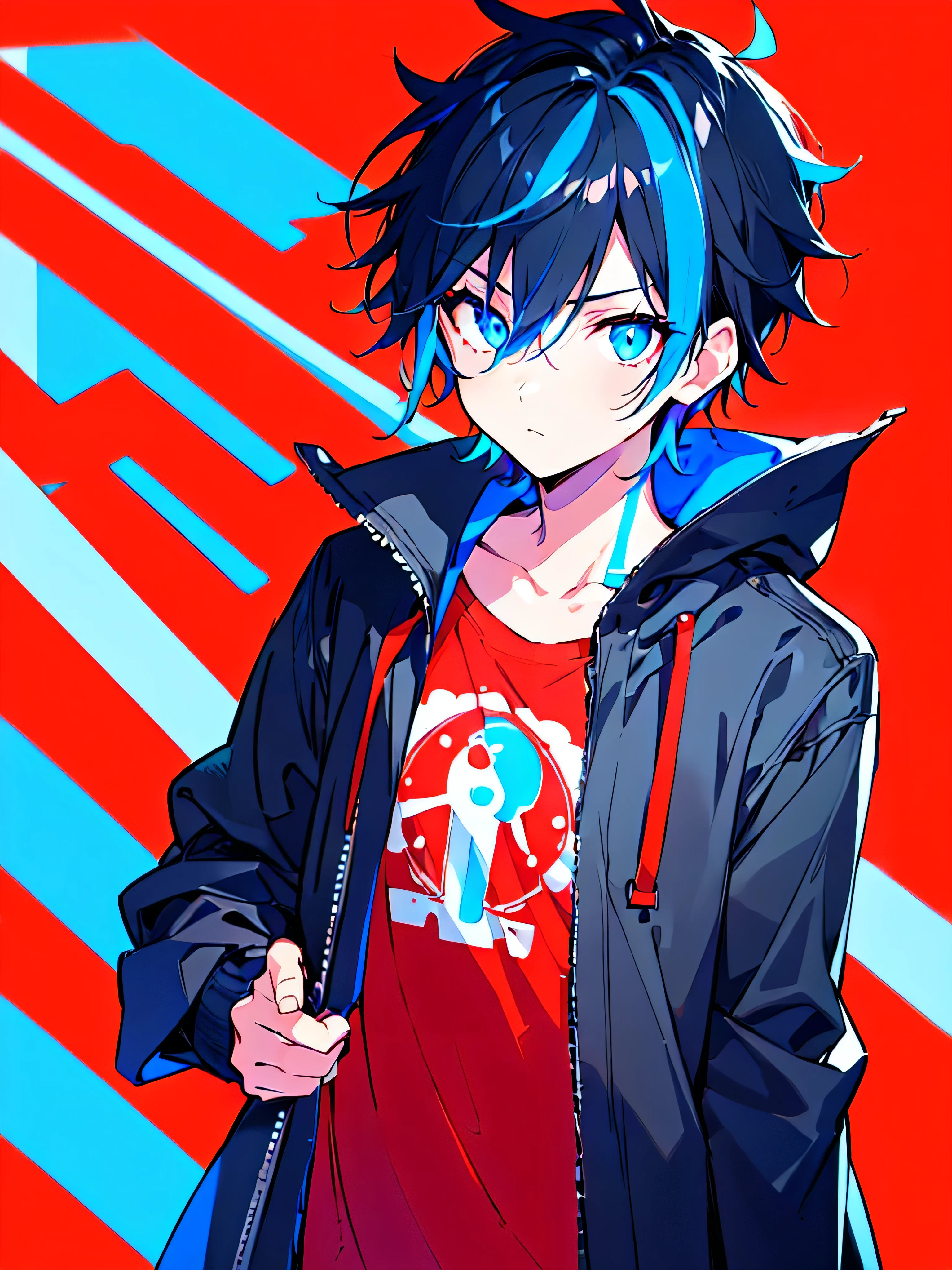 [(RED BACKGROUND:1.5),::5], ((((masterpiece)))), high quality, ultra very high resolution, full color, (((solo))), (()), BLACK short hair, ((Blue streaked hair)), (oriental deepblue eyes), anime, ((upper body)), Summer clothes, neon light, black parka, glaring