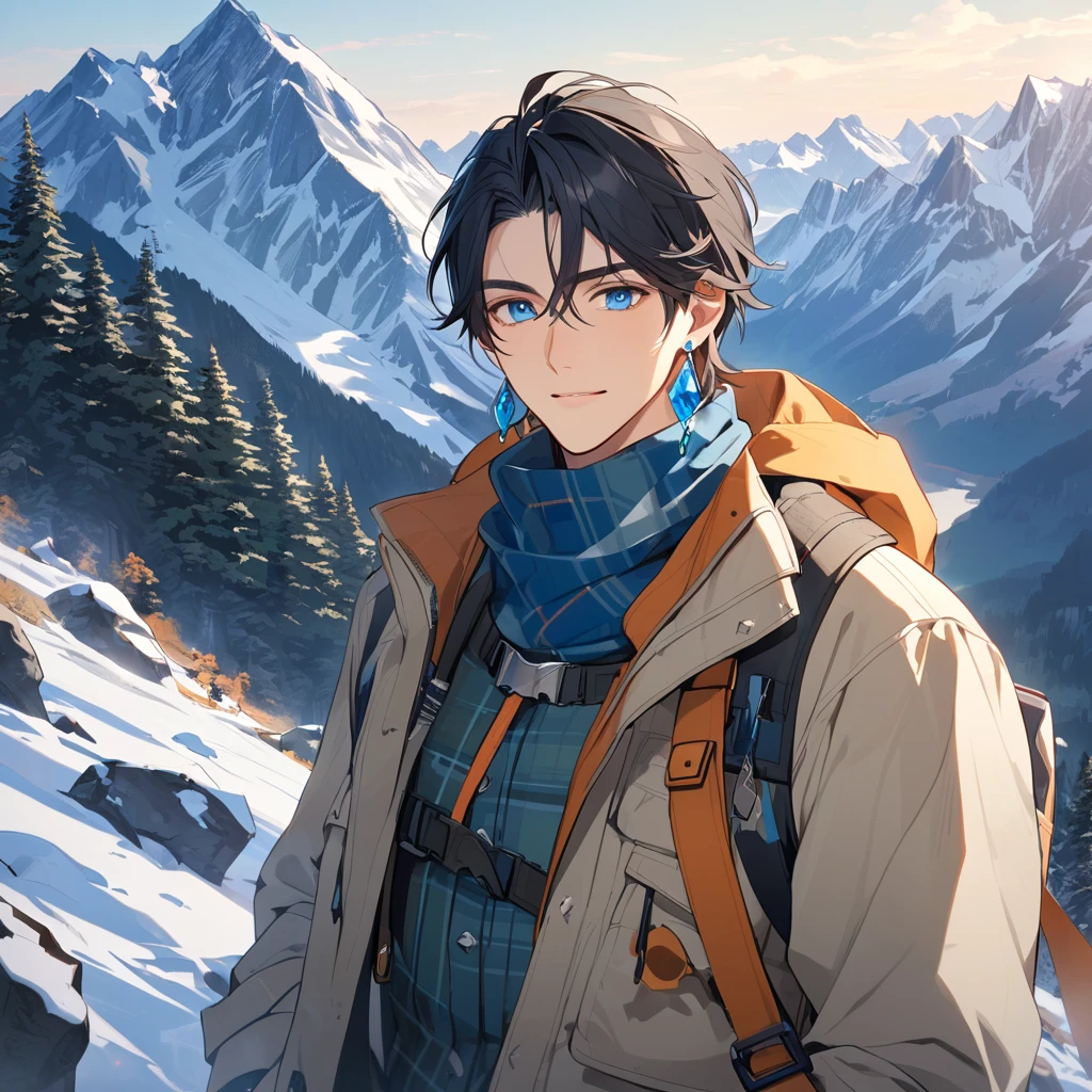 male, black hair, blue eyes, blue earrings, mountain clothes, handsome