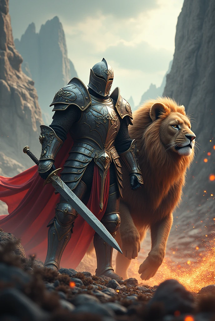 a knight in shining armor, lion man, muscular male figure, intricate armor details, dramatic lighting, fantasy landscape, epic battle scene, digital art, concept art, octane render, cinematic composition, chiaroscuro lighting, hyper detailed, vibrant colors, dramatic shadows, powerful presence