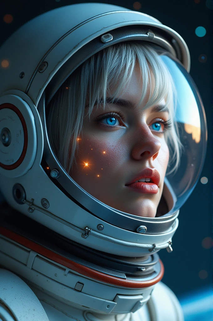 (Close-up of a better masterpiece:1.5)0.9], (Space and astronauts:1.2) (Messy silver hair:1.1) (Heterochromia xanthochromia and blue eyes:1.2) (Space Helmet:1.0) (Colored stars in the eyes:1.0) (A radiant glow:1.1) (thick lips:0.9)