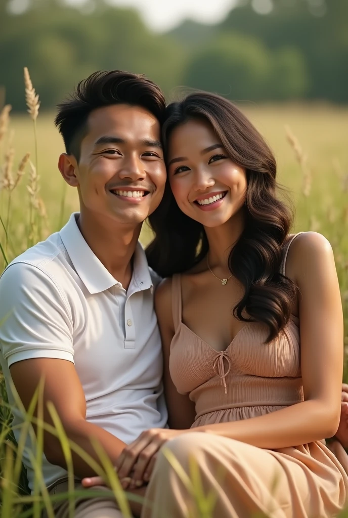Real Pinay Pinoy couple man and woman man handsome with polo shirt and women beautiful dress sitting in grass man He was lying on the woman's thigh He was looking at the camera