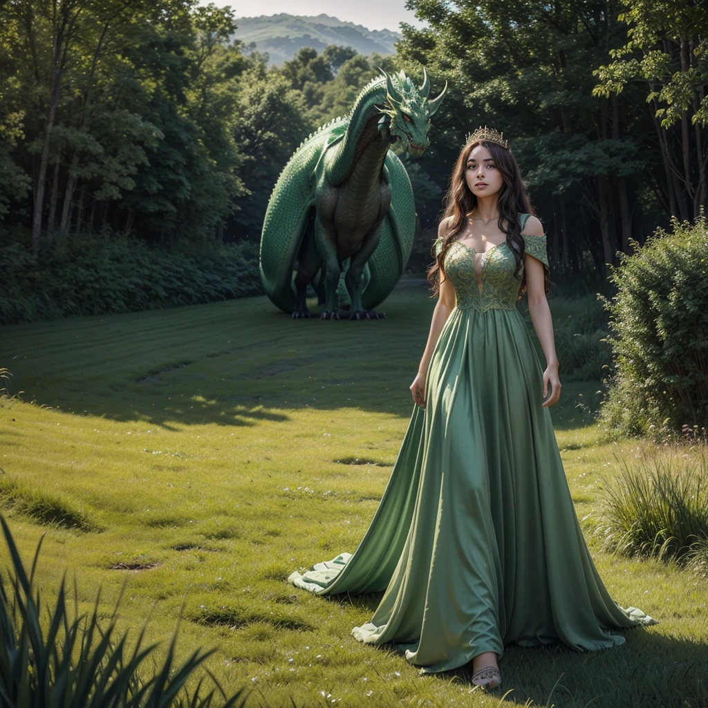 a beautiful young queen walking through a lush green meadow at dawn, long flowing dress, long silky curly hair, huge intimidating dragon by her side, highly detailed, photorealistic, 8k, masterpiece, dramatic lighting, cinematic composition, fantasy.