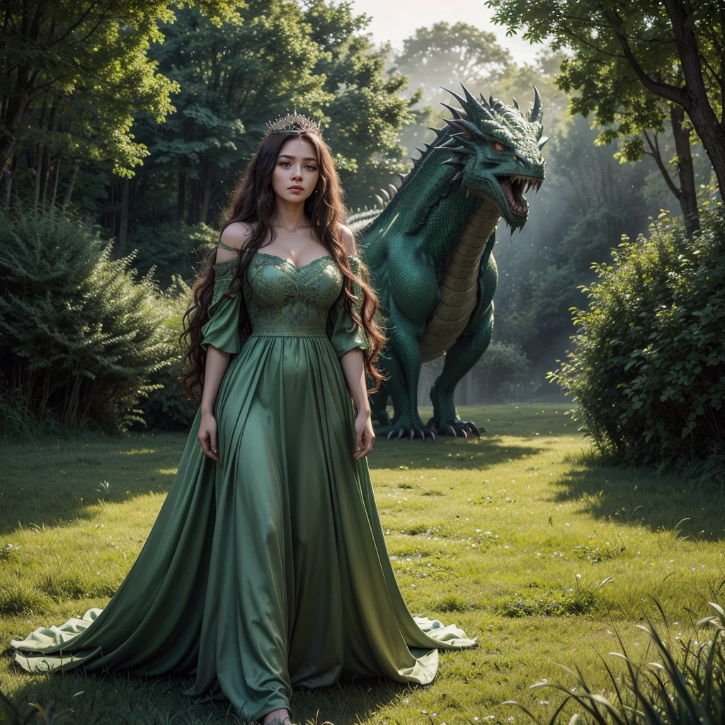 a beautiful young queen walking through a lush green meadow at dawn, long flowing dress, long silky curly hair, huge intimidating dragon by her side, highly detailed, photorealistic, 8k, masterpiece, dramatic lighting, cinematic composition, fantasy.