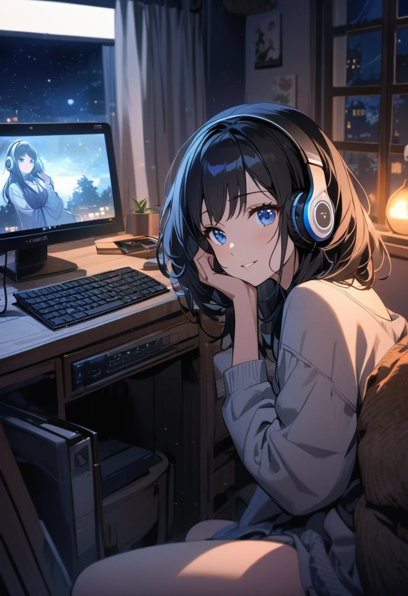 A beautiful woman, alone, A gentle smile on her face, Black Hair, blue eyes, Beautiful depiction,A woman sitting in front of a computer in a cozy bedroom, A woman listening to music in a cozy room (night), Use headphones, (beautiful night views from windows), ,Very detailed