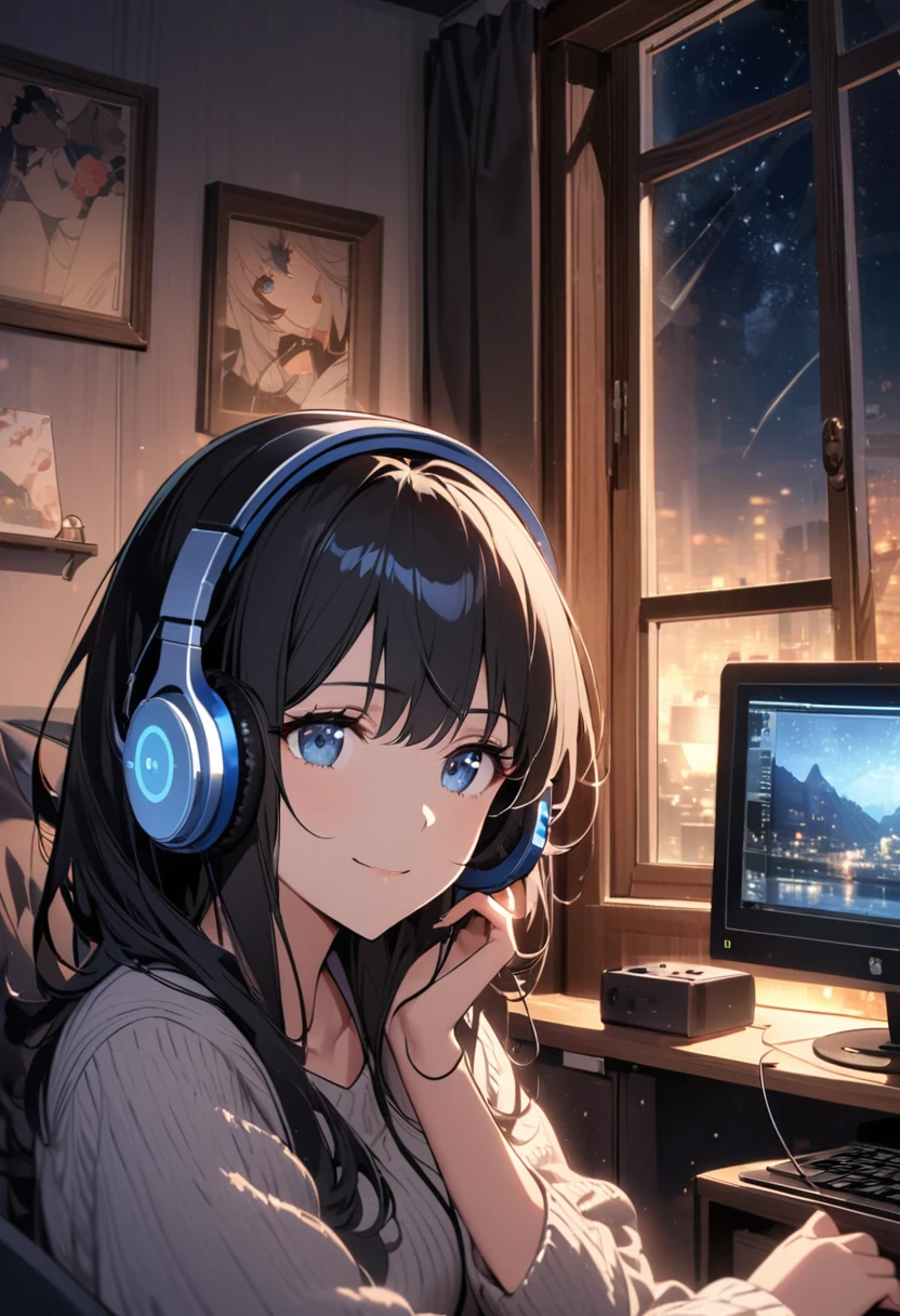 A beautiful woman, alone, A gentle smile on her face,  Black Hair, blue eyes, Beautiful depiction,A woman sitting in front of a computer in a cozy bedroom, A woman listening to music in a cozy room (night), Use headphones,  (beautiful night views from windows), ,Very detailed