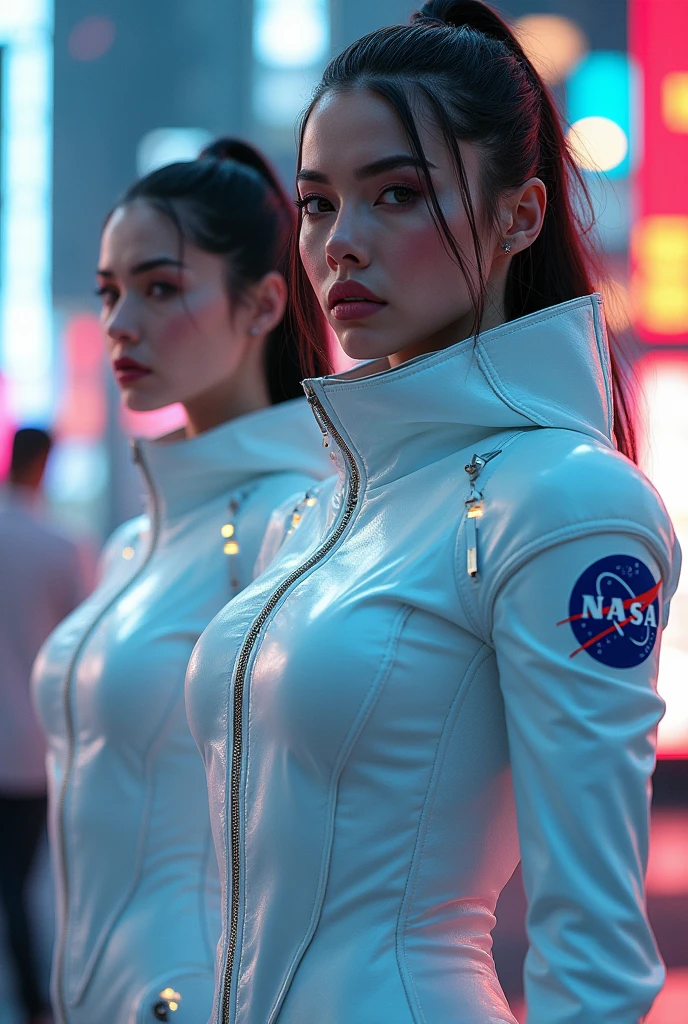 Cyberpunk vision, beautiful women wearing white nasa space jackets,