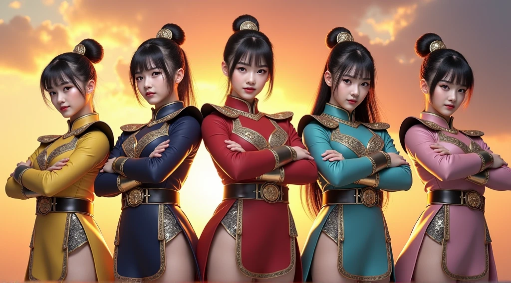 (((A strong, brave face))), A brave and courageous image of a five-member ranger team, woman, Each is adorned with vibrant colors.、:: Bright pink, (((red))), black, Fluorescent blue, Shocking Yellow. エネルギーと勇気を醸し出す背景 dynamic trace, Embodying the essence of the classic Sentai superhero team. Each Ranger:: The clothes are sophisticated and modern, Each color has elements that reflect its theme., Ready for action. dynamic trace, Fighting Pose, ((Camel Toe)), neon, sunset, fire, flash, Backlight, plasma,