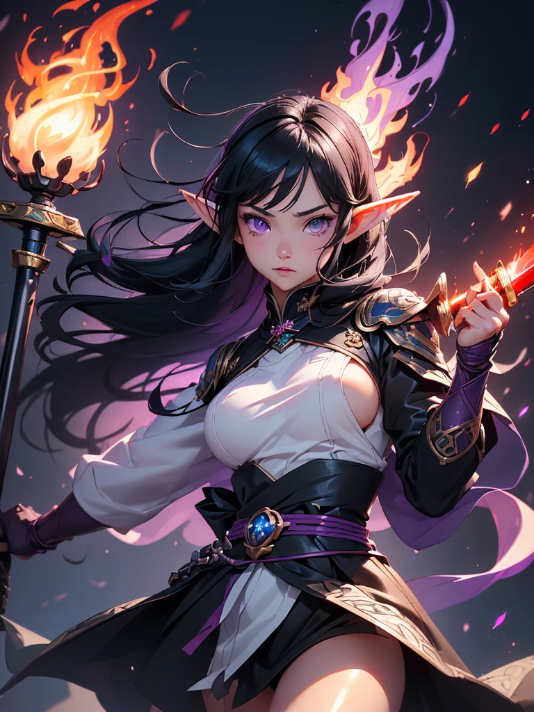 high resolution:1.7, incredibly absurdres, kawaii:1, cute:1.5, hires.fix, anime visual:1, incredibly fine illustration,8k,masterpiece:1.2,best quality, high quality, exquisite, beautiful, insanely detailed, intricate detailed, extremely detailed, Super Definition, ultra high res, Super Resolution, best aesthetic, ultra detailed:1.5, best quality, perfect face, detailed face, masterpiece:1.2, illustration:1.2, 8k cg wallpaper, stunning art,absurdres,octane render,ultra hires,cute elf,(((little mature woman))),((anime elf with extremely cute and beautiful black hair)),straight long black hair,colored inner hair,ear breathing,((purple_eyes:1.3))),intricate eyes,beautiful detailed eyes,symmetrical eyes,(((fair skin,lustrous skin,bright skin,shiny body,plastic glitter skin,exaggerated shiny skin,illuminated skin))),(detailed body,(detailed face)),voluptuous, detailed lips and eyes, expressive face, (attractive appearance:1.5), cute,daring, (((very long black tunic,show skin,(sideboob),purple theme, black theme))),gold jewelry, (Japanese clothes),kimono,ninja, (kunoichi uniform), (gauntlet:1.2), (greave:1.2), (gaiter:1.2), (purple flame:1.5), (red fire:1.5), (holding white flame sword:1.5), (holding blue energy sword:1.3), (swing a red flame sword:1.3),battle,fight,(action pose: 1.4),(vengeful spirit come's attack), (vs vengeful spirit)