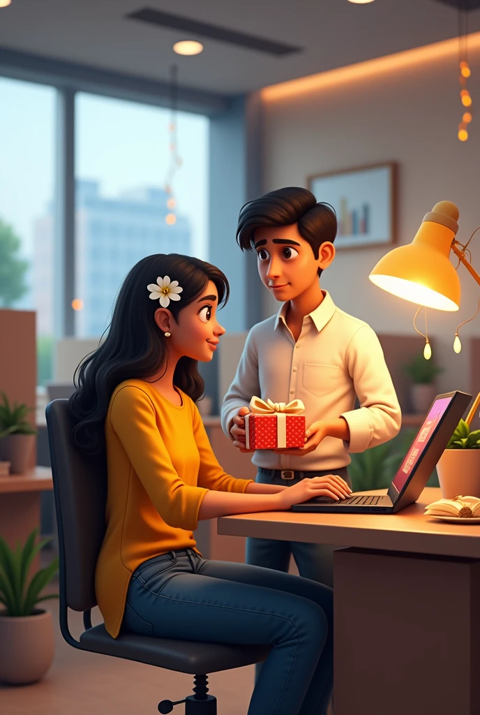 In a modern corporate office with cubicles and desks, a window offers a view of the city. Sushma, dressed in a yellow dress, jeans, and a small white flower in her hair, sits at her desk on an office chair, deeply focused on her Lenovo ThinkPad laptop, working on a Java project in IntelliJ IDEA. Her desk is adorned with festive decorations for Raksha Bandhan. Standing beside her, Ramkumar holds a gift box with the message "Happy Raksha Bandhan, Sushma." Sushma’s face shows a blend of happiness and surprise as she looks at Ramkumar. The scene captures their joyful expressions and the festive atmosphere of Raksha Bandhan amidst the busy office environment.