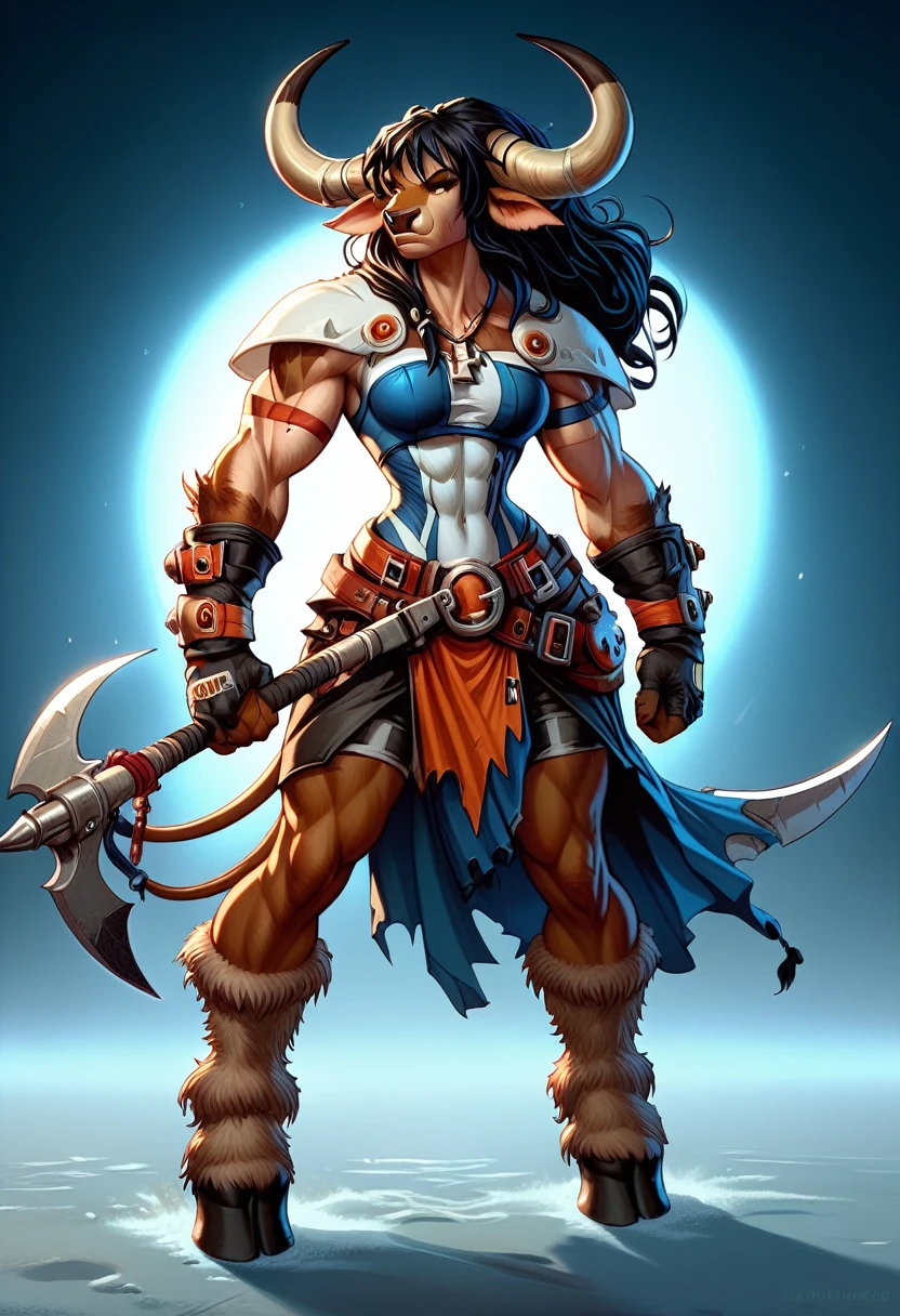 a anthropomorphic female furry tauren/minotaur buff,muscular wearing a cool outfit,stylish,thick,big axe,horns,2000’s style. A sensual,sexy,cool,expression,full body.The scene has a cool,sweet,sexual,jet set radio/guilty gear style and a vibrant tone. Urban modern setting in the background.