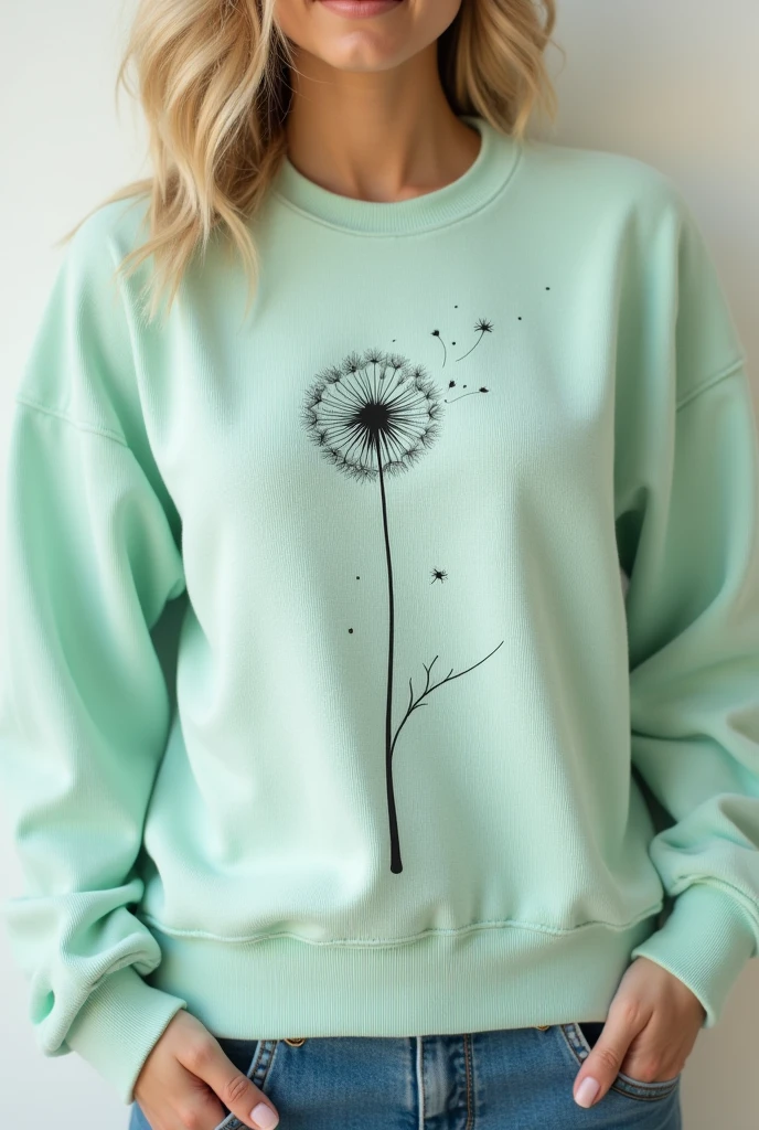 Corduroy mint green sweatshirt with an aesthetic
dandelion in the middle