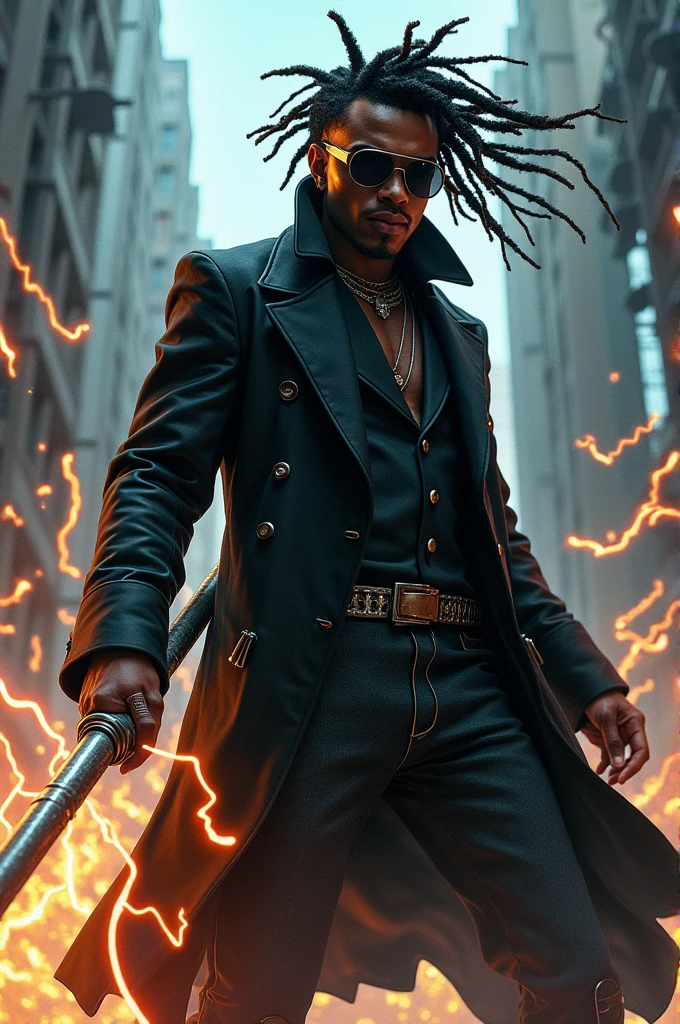 Make a mix of super shock with rapper sabotage, he has dreadlocks in his hair, sunglasses and wears a black overcoat. (He has electrical powers and uses a long metal staff.