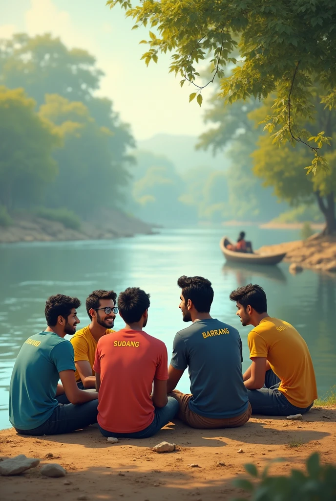 Boys friends are sitting on the a beside the river and enjoy, talking together in a half moon and other time of a days and their names are Piku, Suman, Bajrang, Sudan, Sumit printed on their shirt 