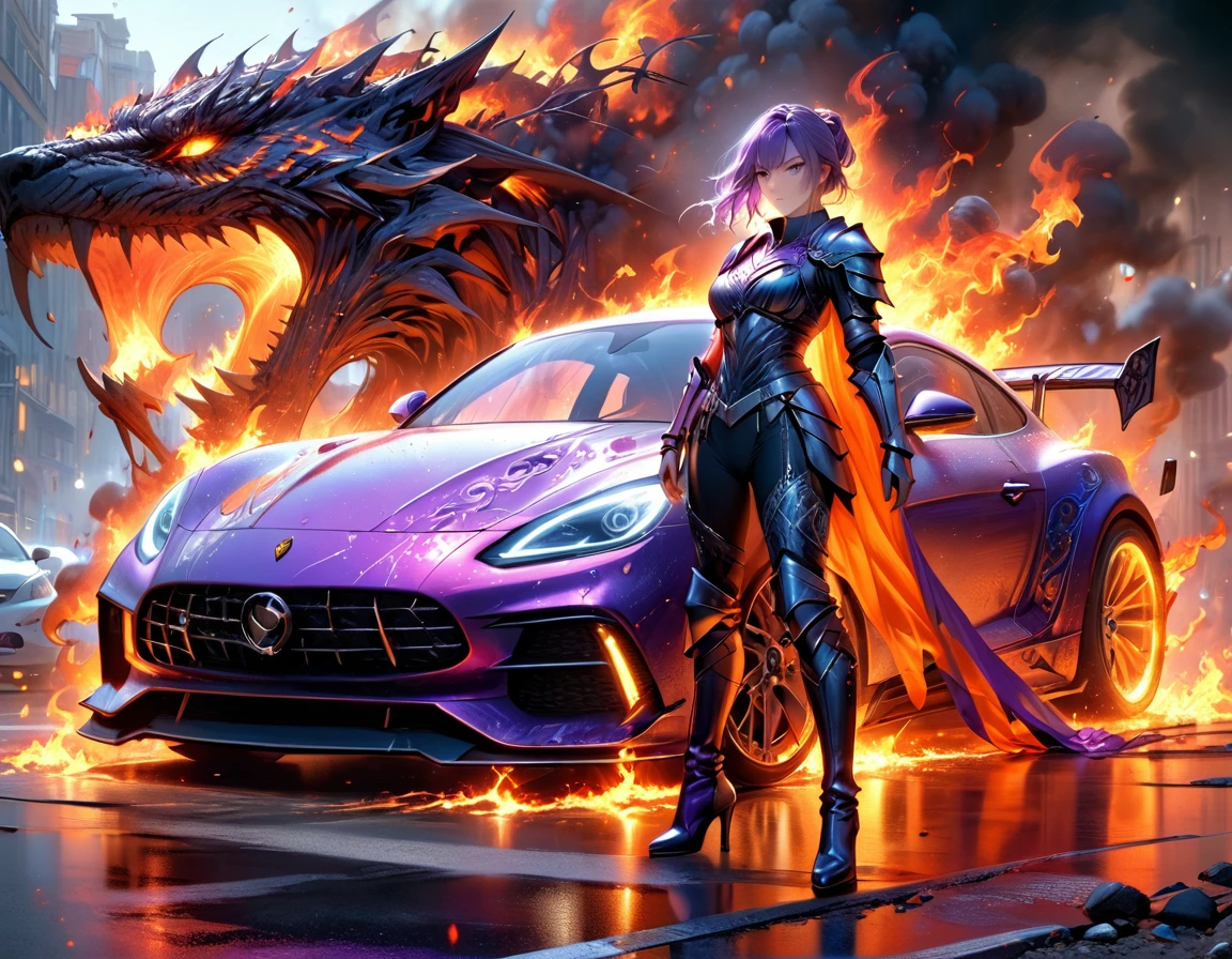 a beautiful female knight ready for battle, stands near her loyal car, a mature female paladin knight, holy warrior, ((full body: 1.5)), ((anatomically correct: 1.5)), (ultra detailed face: 1.2), looking tense, looking dangerous, dynamic eye color, dynamic hair color, dynamic hair style dynamic skin complexion, holding a radiant sword, holy sword, divine sword, wearing intricate armor, wearing high heeled boots, BREAK standing near her car, divine car, magical car, ready to battle car, car wreathed in flames, holy intricate runes, slick car, vibrant, Ultra-high resolution, High Contrast, (masterpiece:1.5), highest quality, Best aesthetics), best details, best quality, highres, 16k, (ultra detailed: 1.5), masterpiece, best quality, (extremely detailed) RAW, (ultra details, Masterpiece, best quality), Cinematic Hollywood Film, GlowingRunesAI_purple, faize