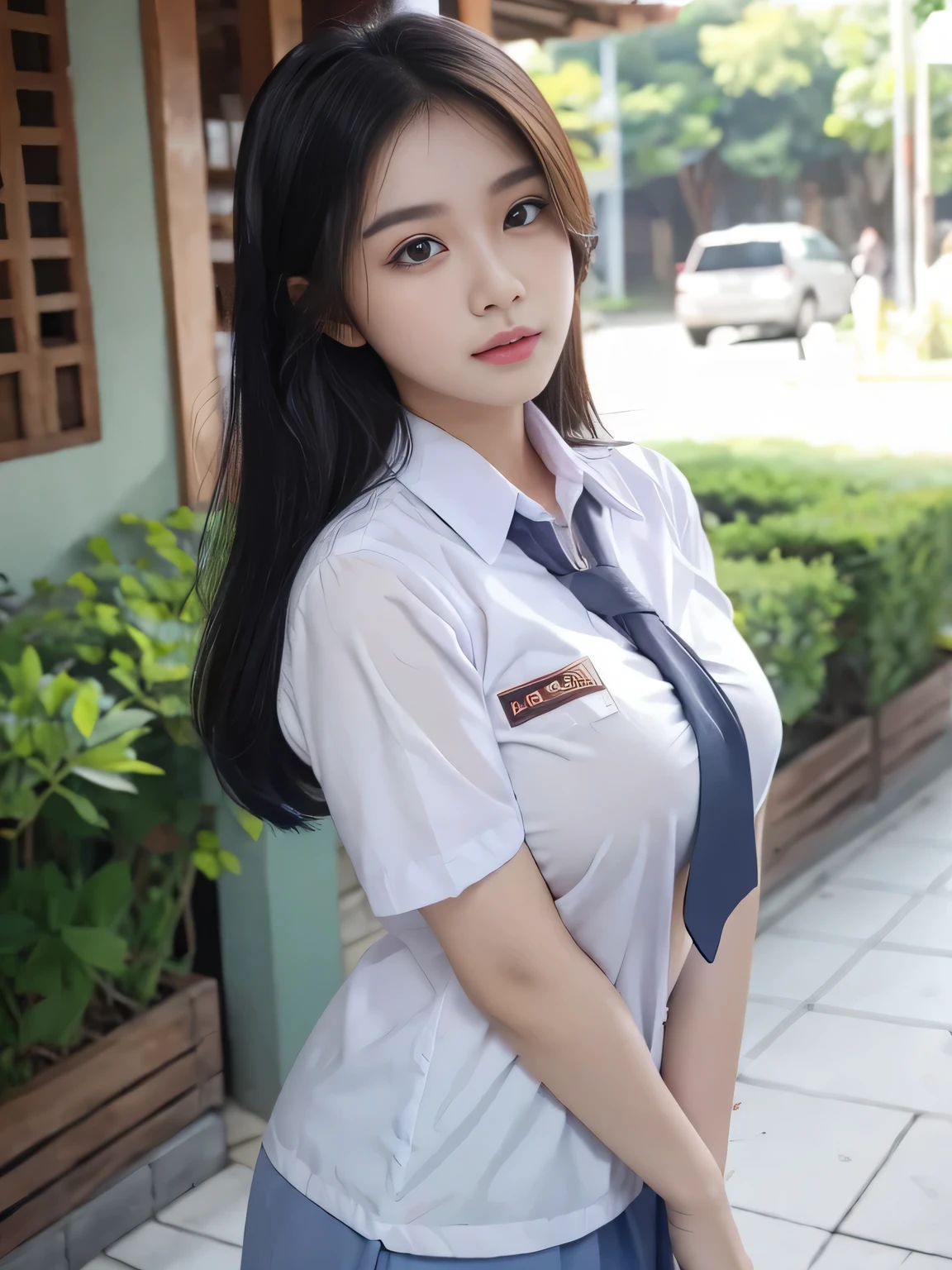 Beauty Indonesian woman in student uniform, beauty big breast, show pubic hairs, vivid colors, bokeh