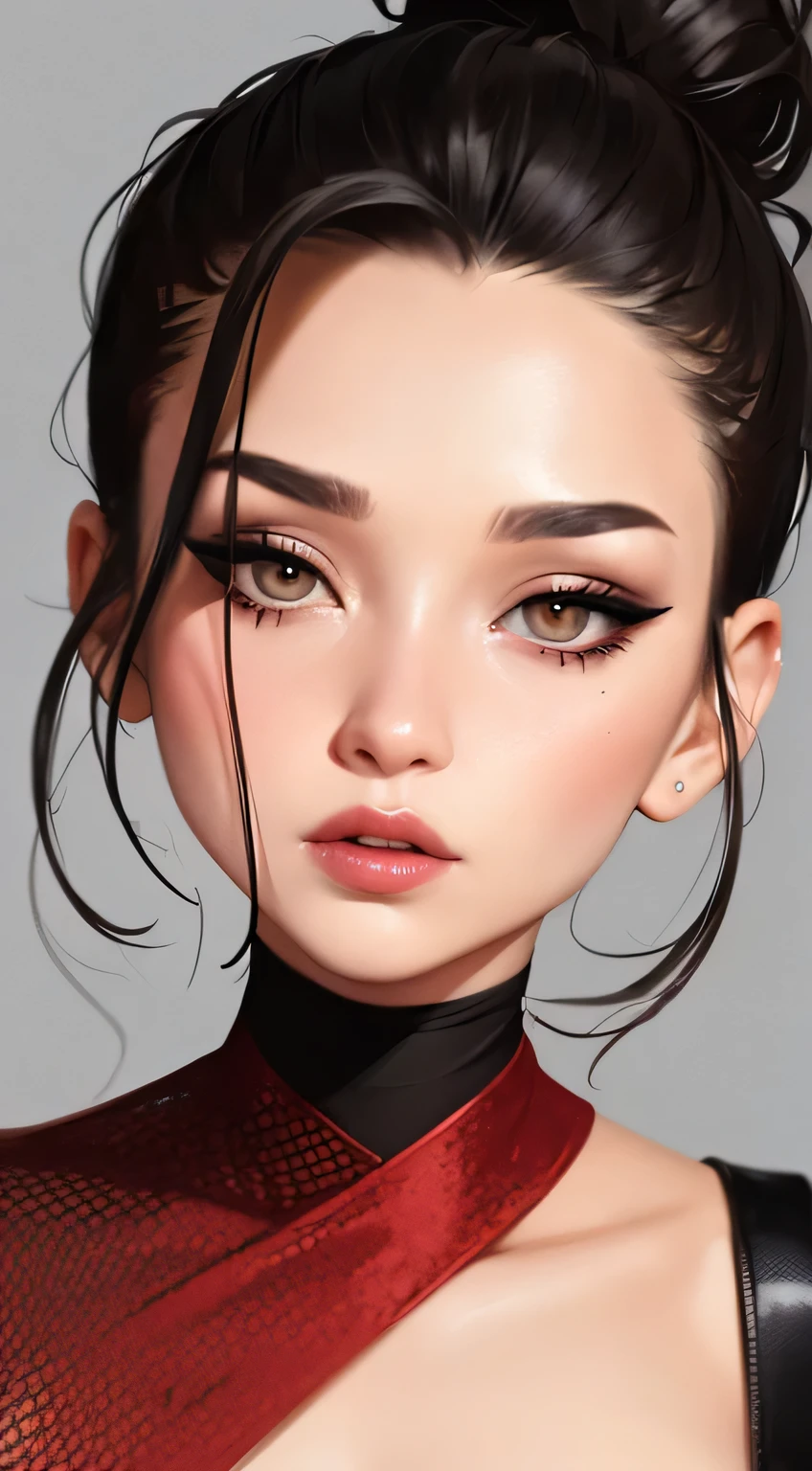Amazing portrait of a sexy woman with her hair tied back in a high bun with her eyes emphasised by smokey eyeliner gazing at us seductively with her perfect lips parted wearing a red dress with black laces and fishnets