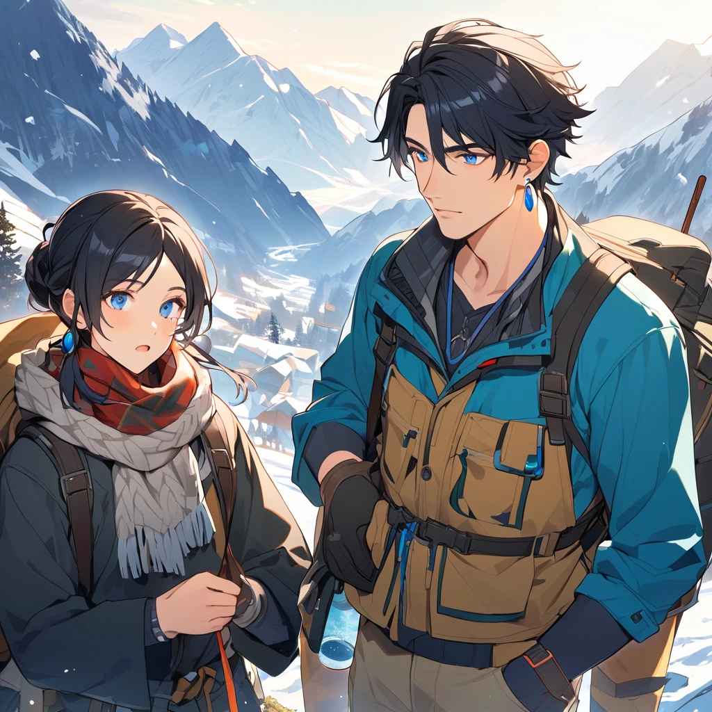 male, black hair, blue eyes, blue earrings, mountain clothes, handsome